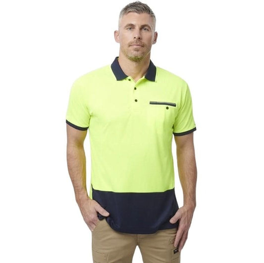 yellow and navy spliced polo on white background