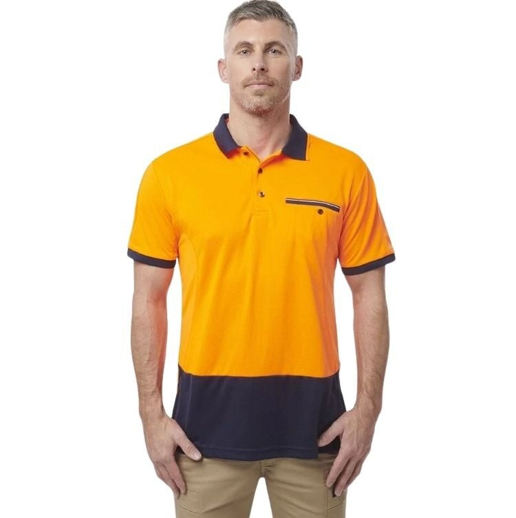 orange and navy spliced polo on white background