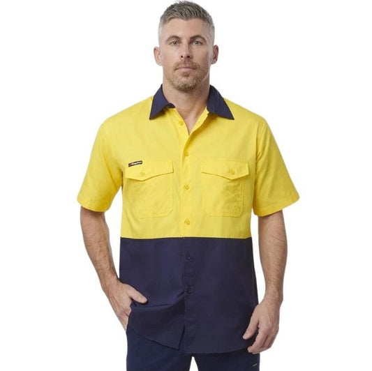 Spliced yellow and navy shirt on white background