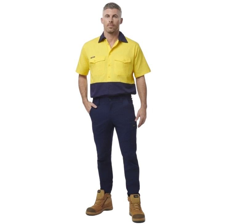 Spliced yellow and navy shirt on white background