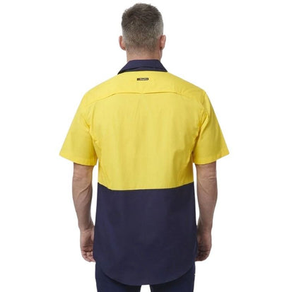 Spliced yellow and navy shirt on white background
