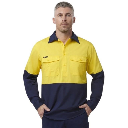 Spliced yellow and navy shirt on a white background
