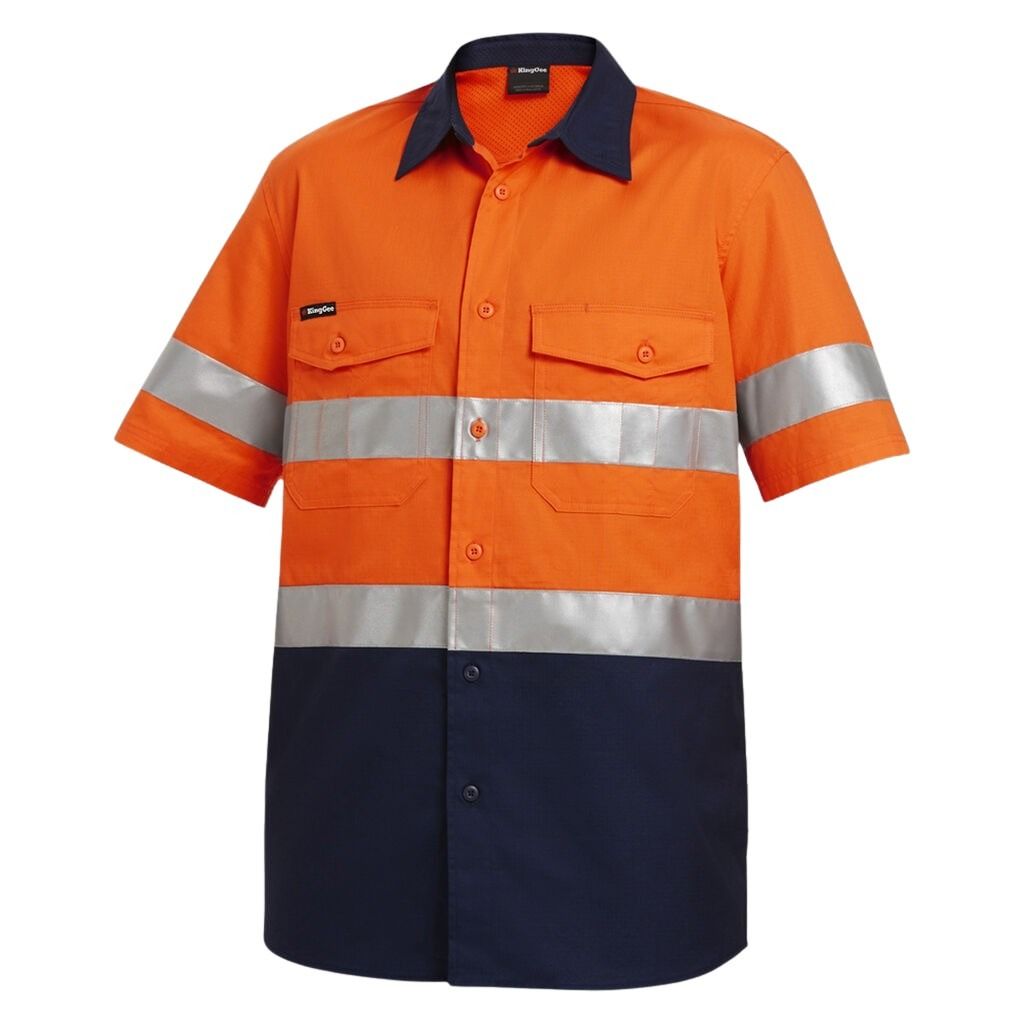 Orange and navy work shirt with reflective stripes on a white background