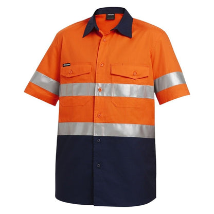 Orange and navy work shirt with reflective stripes on a white background