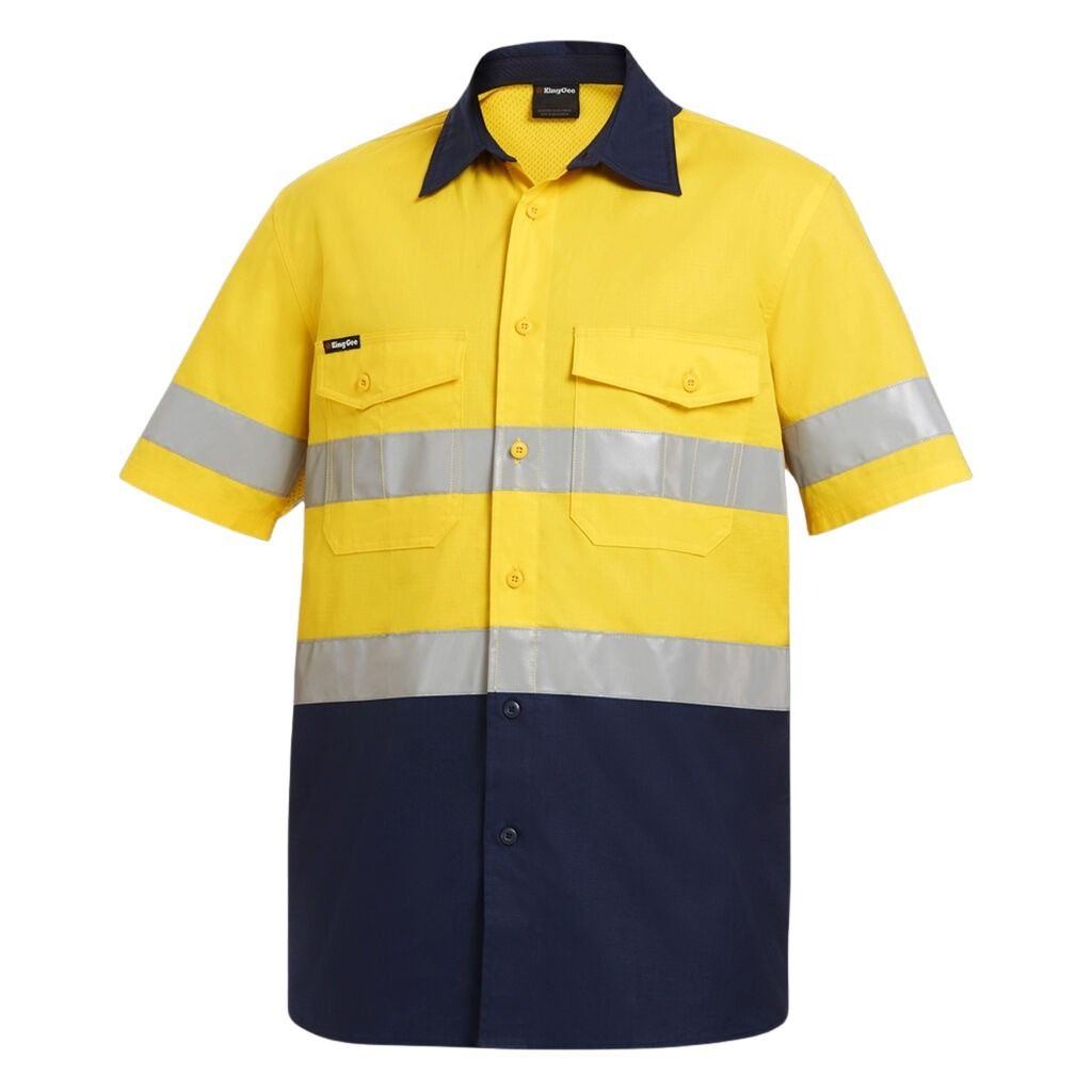 KingGee K54885 Workcool 2 HiVis Reflective Spliced Short Sleeve Shirt - Yellow/Navy - Lifestyle