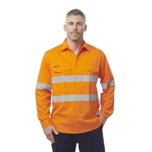 Man wearing an orange high-visibility work shirt on a white background