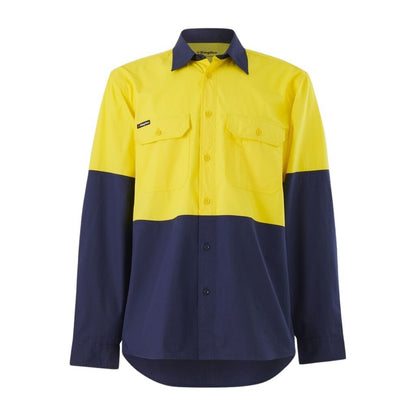 Yellow and navy long-sleeve shirt on a white background