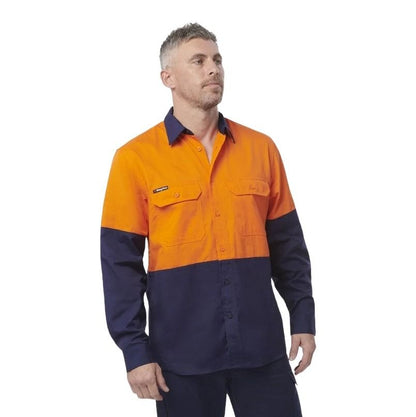 Man wearing an orange and navy work shirt on a white background