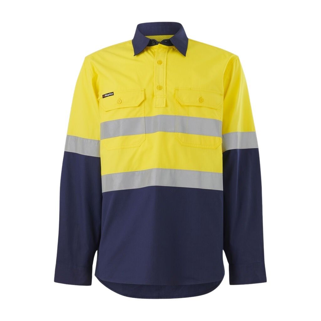 Yellow and navy long-sleeve work shirt with reflective stripes on a white background
