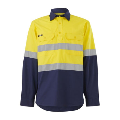 Yellow and navy long-sleeve work shirt with reflective stripes on a white background