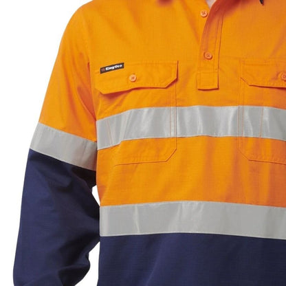 Orange and blue work shirt with reflective stripes on a white background