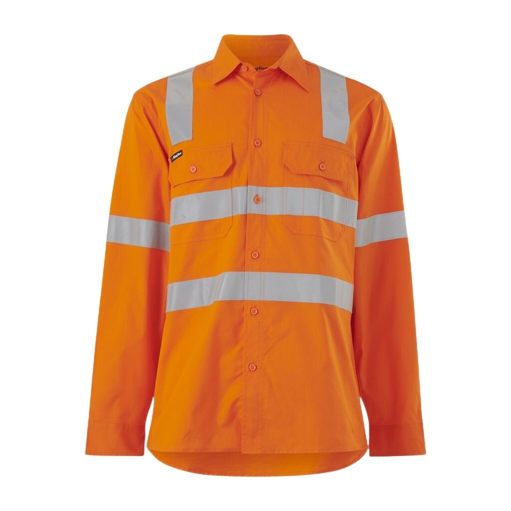 Orange work shirt with reflective stripes on a white background