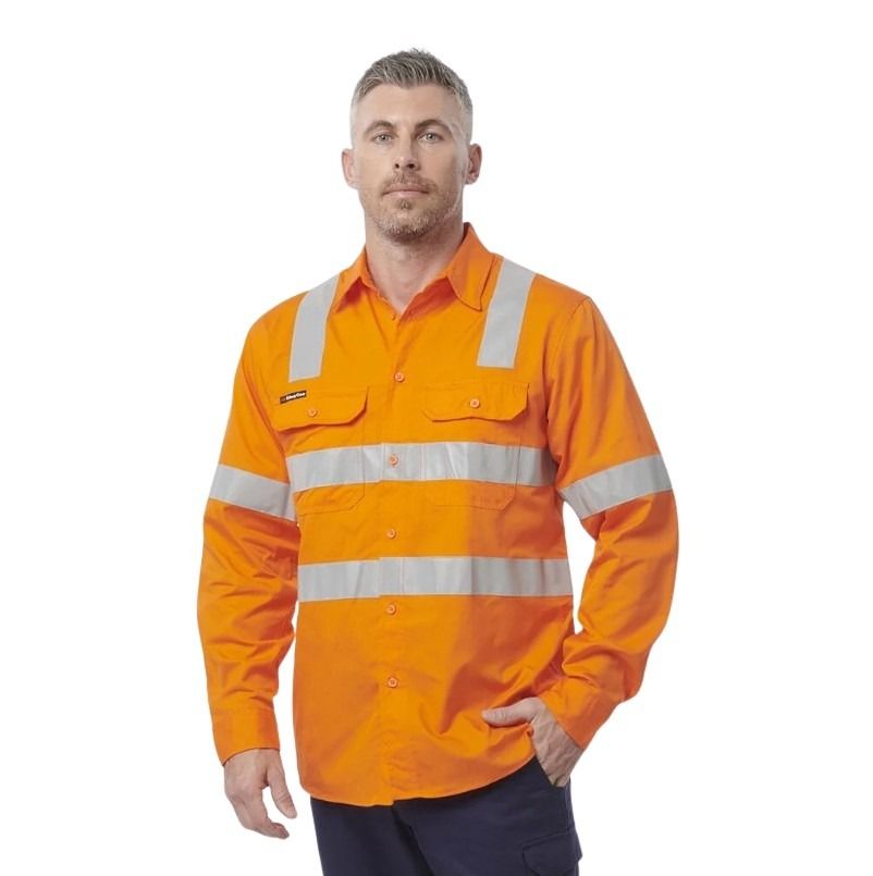 Man wearing an orange high-visibility work shirt on a white background