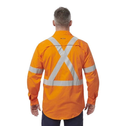 Person wearing an orange safety jacket with reflective stripes on a white background