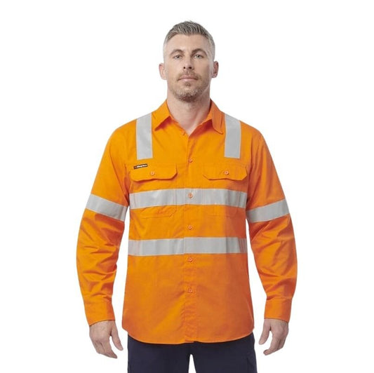 Man wearing an orange high-visibility work shirt on a white background