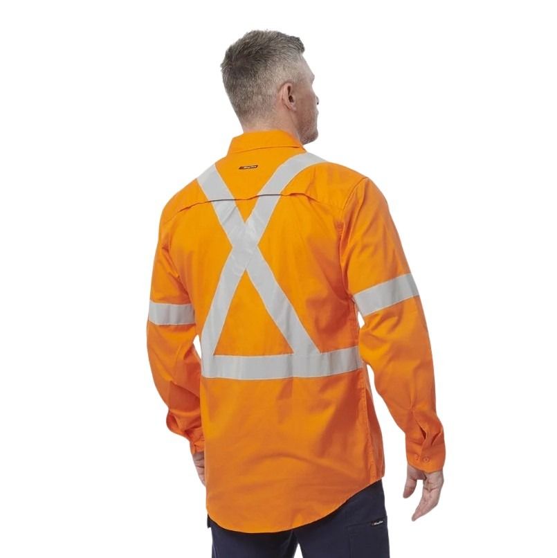 Person wearing an orange safety jacket with reflective stripes on a white background