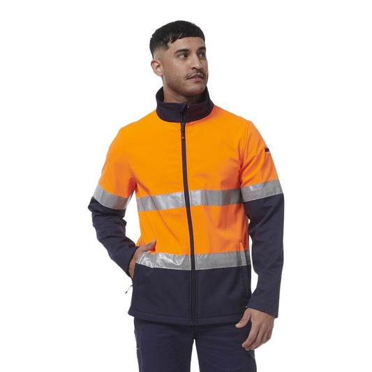 Man wearing an orange and navy reflective jacket on a white background