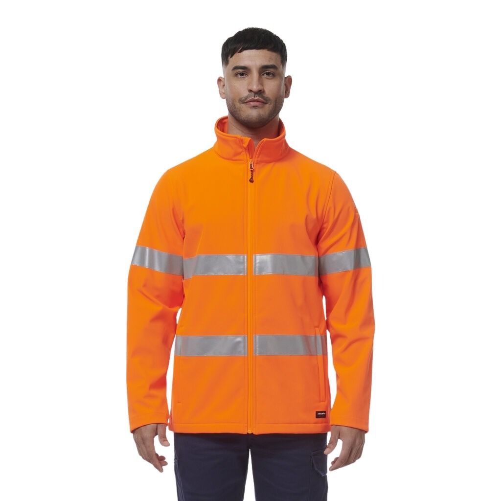 Man wearing an orange high-visibility jacket on a white background
