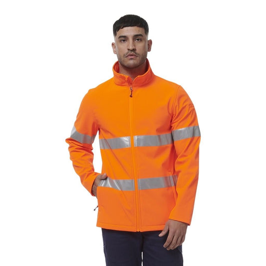 Person wearing an orange safety jacket with reflective stripes on a white background