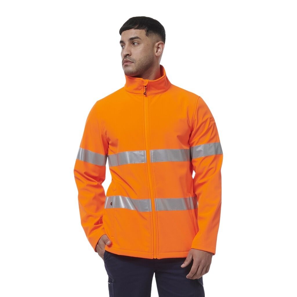 Man wearing an orange reflective jacket on a white background