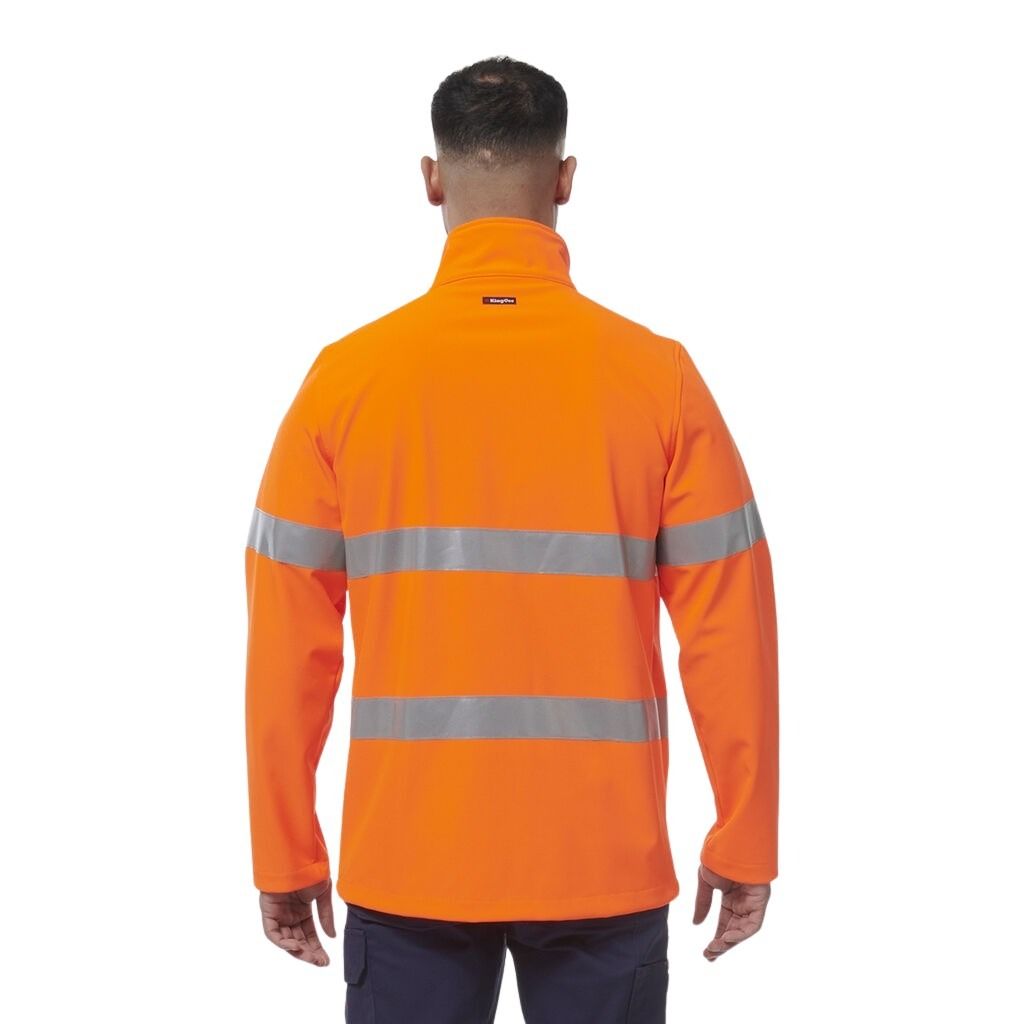 Person wearing an orange high-visibility jacket on a white background