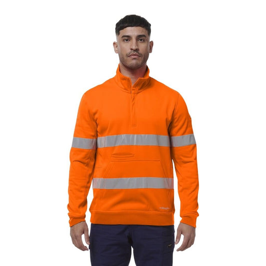 Man wearing an orange high-visibility work shirt with reflective stripes on a white background