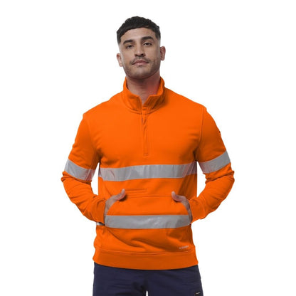 Person wearing an orange high-visibility work shirt on a white background