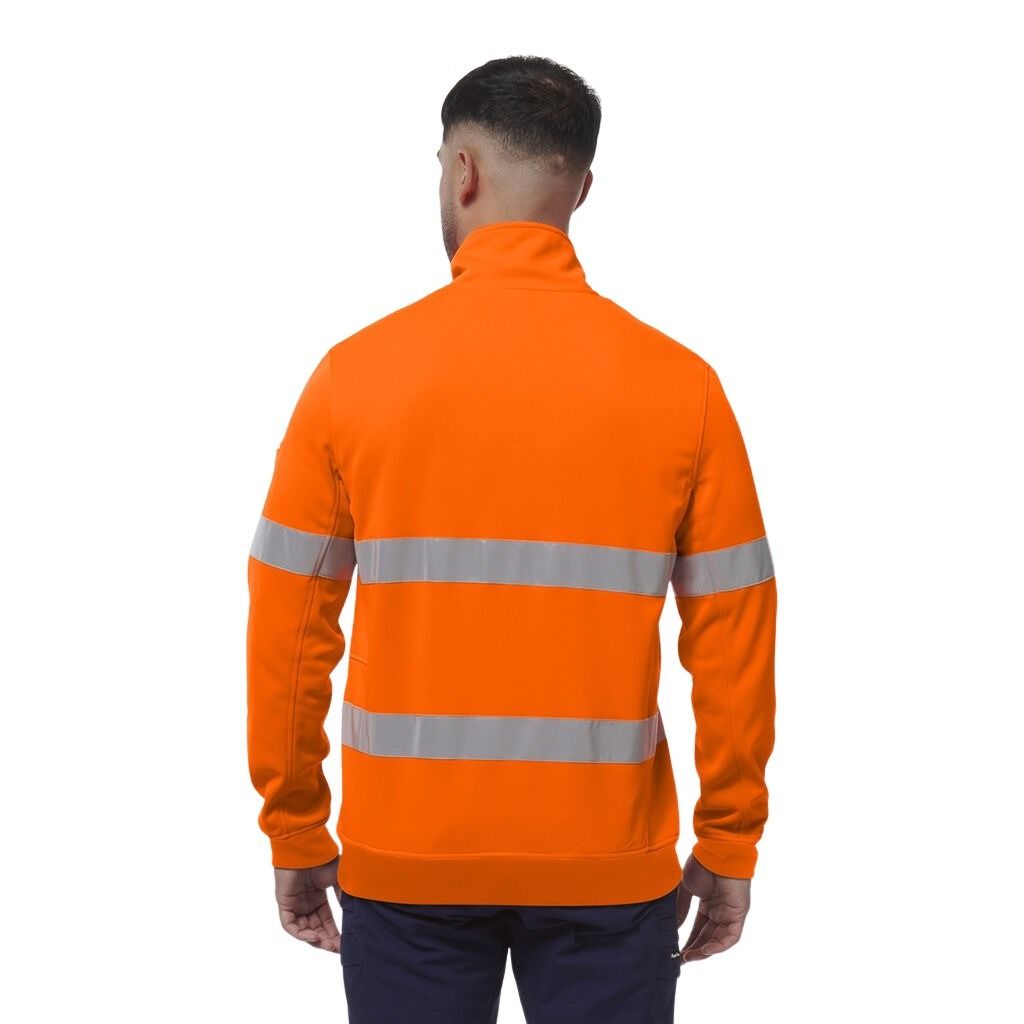 Person wearing an orange high-visibility jacket with reflective stripes on a white background