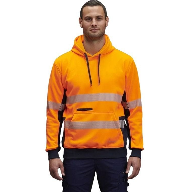Person wearing an orange high-visibility hoodie on a white background