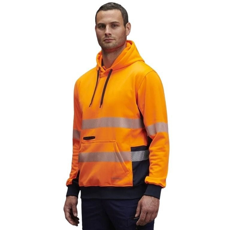 Man wearing an orange high-visibility hoodie on a white background