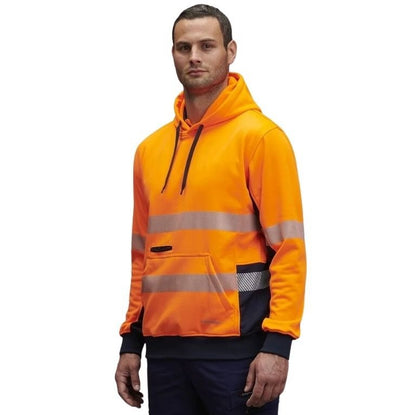 Man wearing an orange high-visibility hoodie on a white background