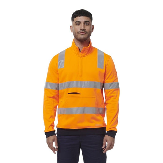 Person wearing an orange high-visibility jacket on a white background