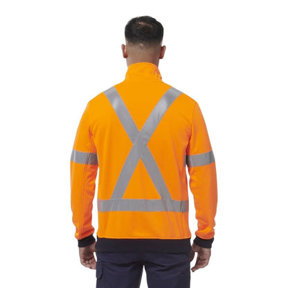 Person wearing an orange safety jacket with reflective stripes on a white background