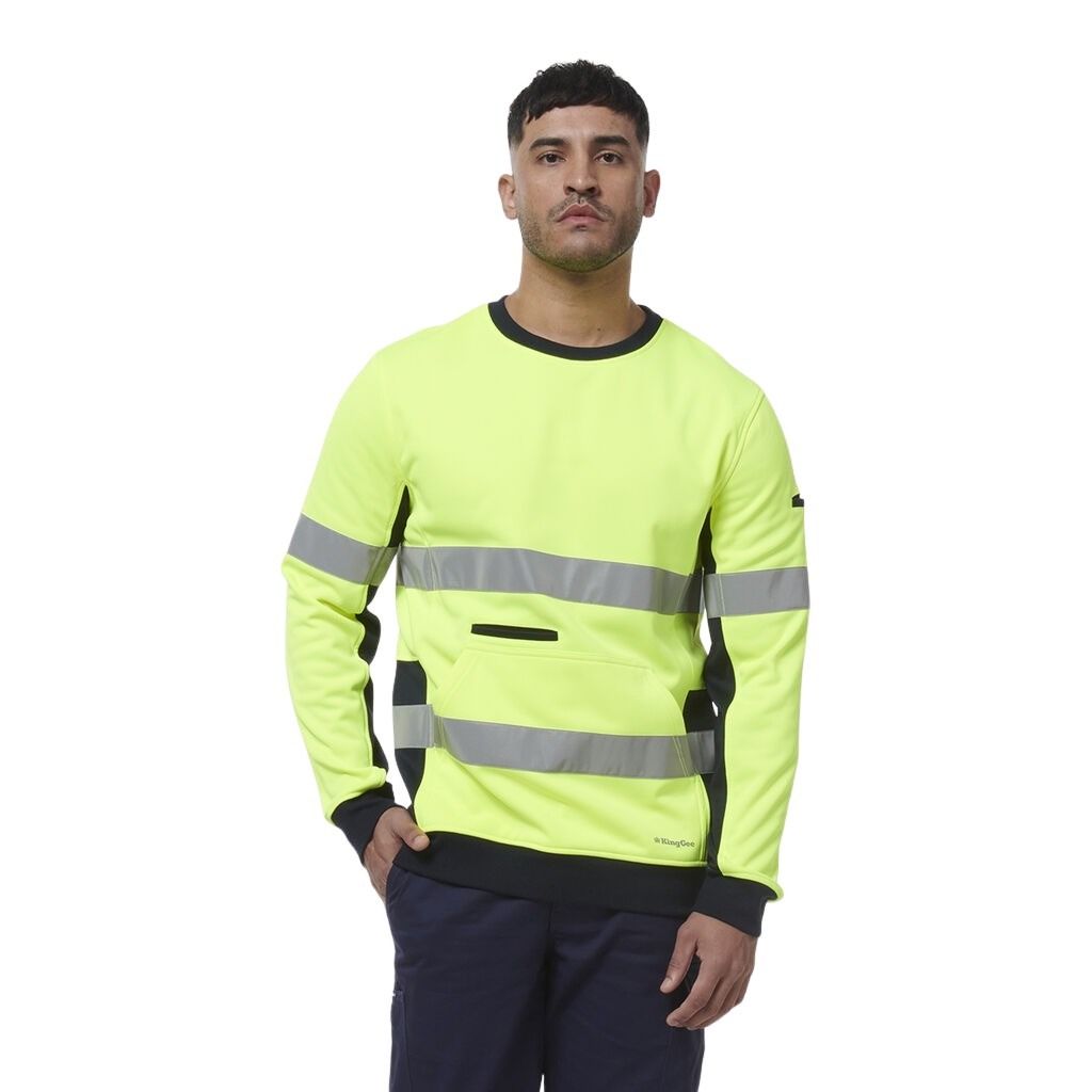 KingGee K55058 Reflective Spliced Crew Neck Fleece - Yellow/Navy - Product View