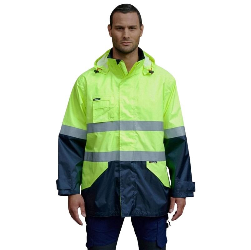 Person wearing a high-visibility jacket with reflective stripes on a white background