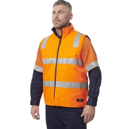 Man wearing an orange high-visibility jacket with reflective stripes on a white background