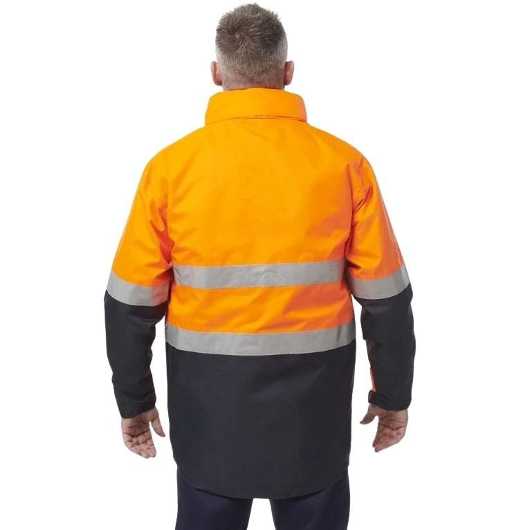 Person wearing a high-visibility safety jacket with reflective stripes on a white background
