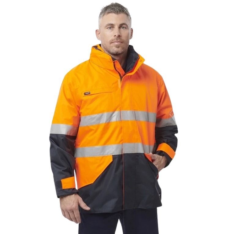 Man wearing a high-visibility orange and black jacket on a white background