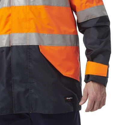 High-visibility jacket with orange and reflective silver accents on a white background