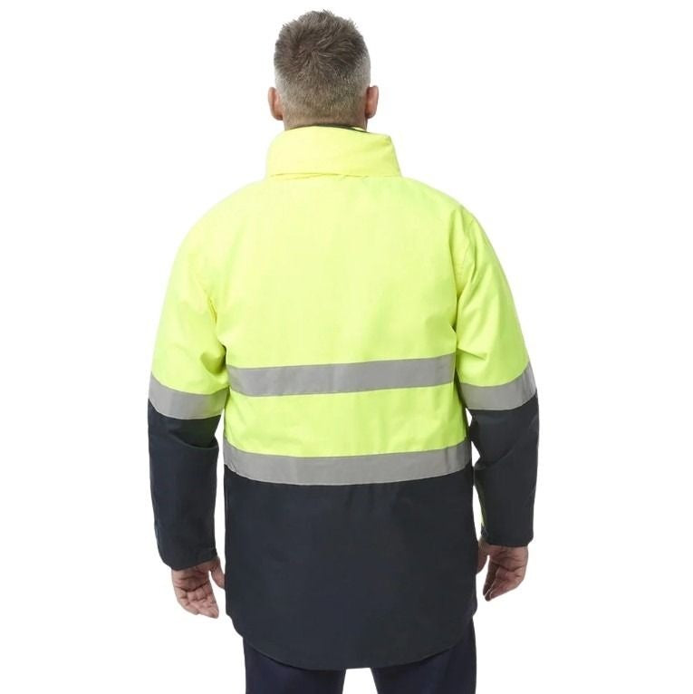 Person wearing a high-visibility jacket with reflective stripes on a white background