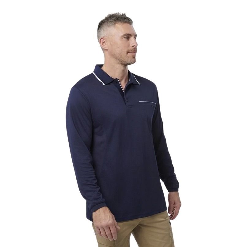 Man wearing a navy long-sleeve polo shirt on a white background
