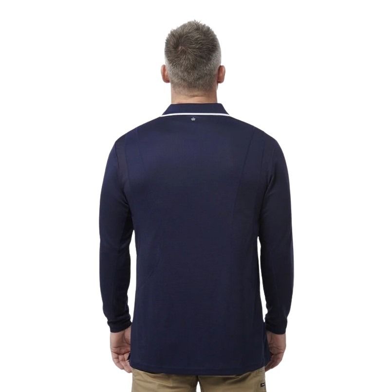 Man wearing a navy long-sleeve polo shirt on a white background