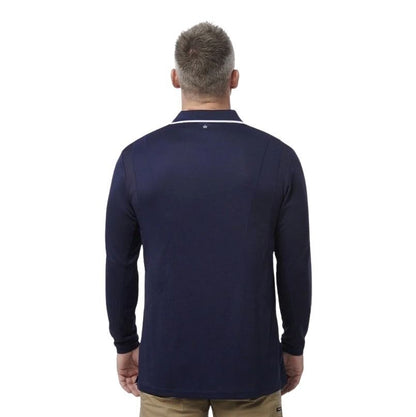 Man wearing a navy long-sleeve polo shirt on a white background