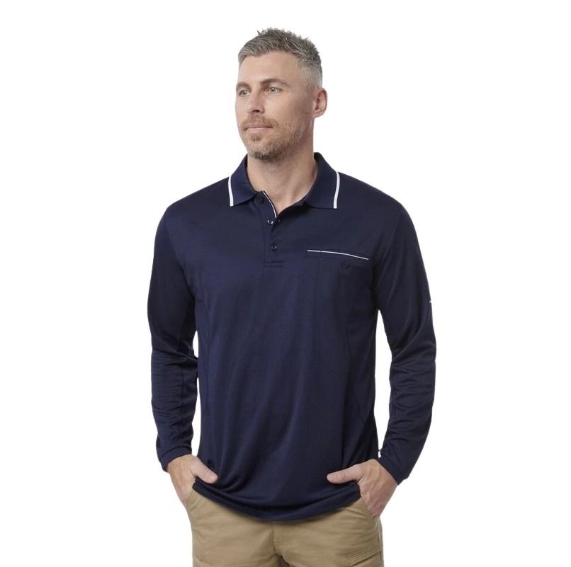 Man wearing a navy long-sleeve polo shirt with white accents on a white background