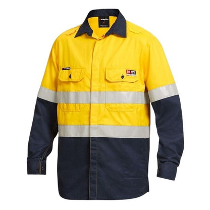 Yellow and navy work shirt with reflective stripes on a white background