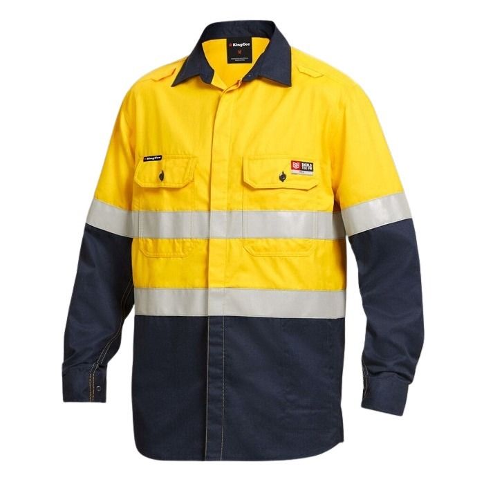 KingGee K84000 Shieldtec Lenzing FR Hivis Spliced Open Front Taped Shirt - Yellow/Navy - Lifestyle