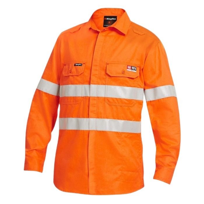 Orange high-visibility work shirt with reflective stripes on a white background
