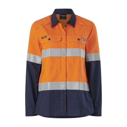 Orange and navy work shirt with reflective stripes on a white background