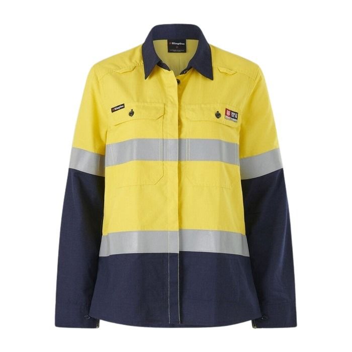 Yellow and navy work shirt with reflective stripes on a white background