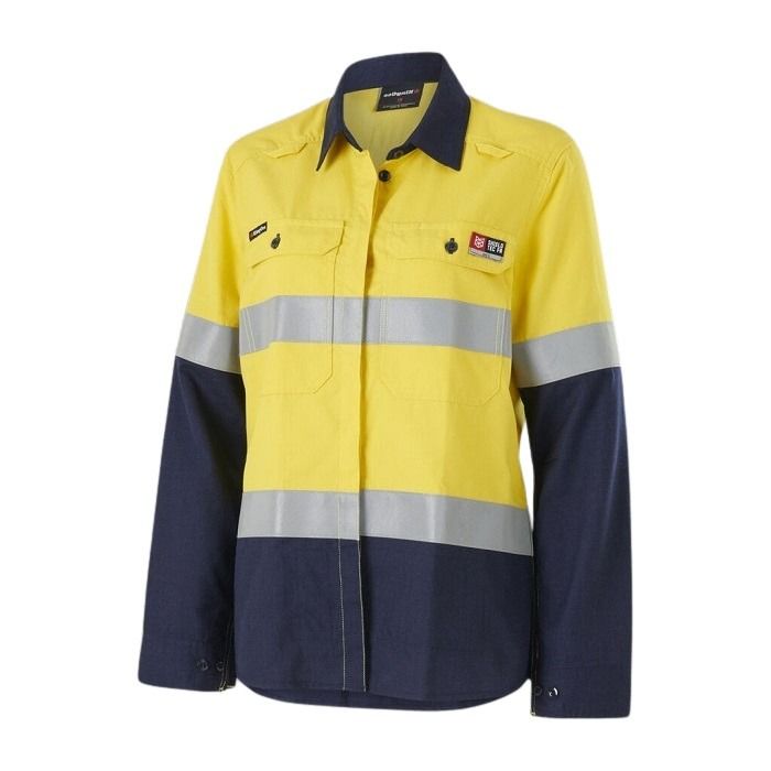 Yellow and navy work jacket with reflective stripes on a white background